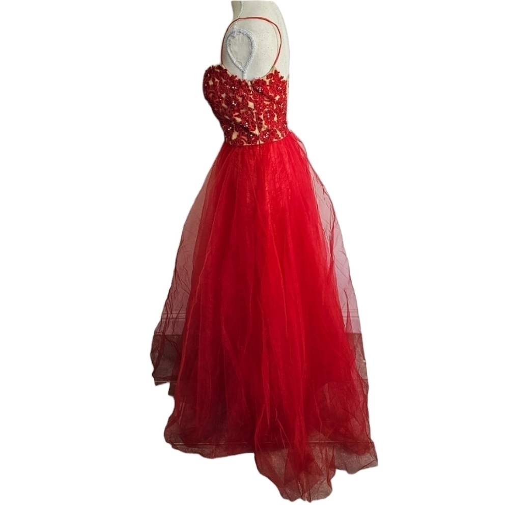 Sherri Hill Red & Nude Tulle Lace Maxi Dress - Picture 4 of 16